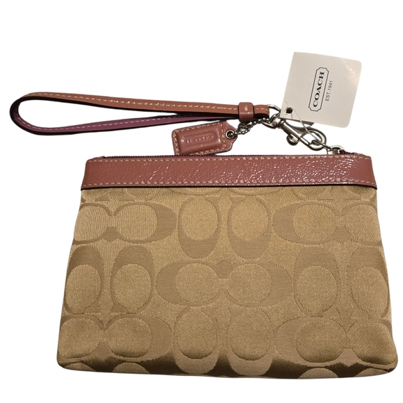 NWT COACH Signature Sateen Pleated Khaki & Rose Patent Leather Wristlet - Picture 2 of 8
